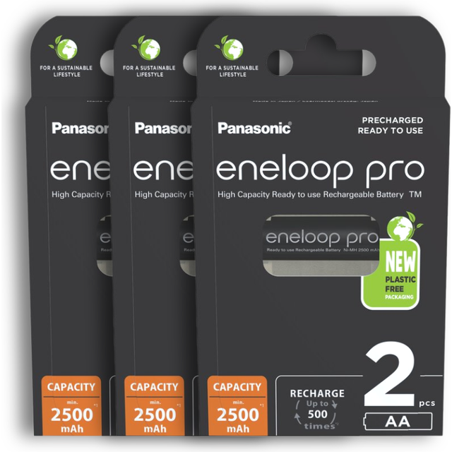 Panasonic batteries eneloop pro | Ready-to-Use Ni-MH-batterier, AA/Mignon, 2-pack, min. 2 500 mAh, 500 laddningscykler, uppladdningsbart batterier i plastfri förpackning, svart, BK-3HCDE/2BE