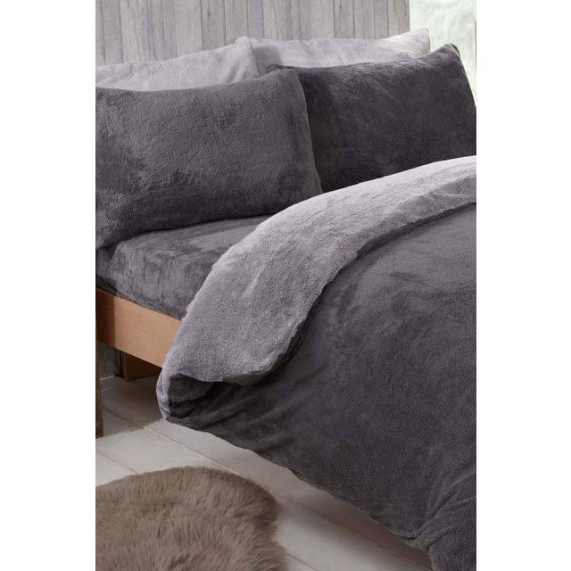 Teddy Fleece Reversible Duvet Set - Grey / Single