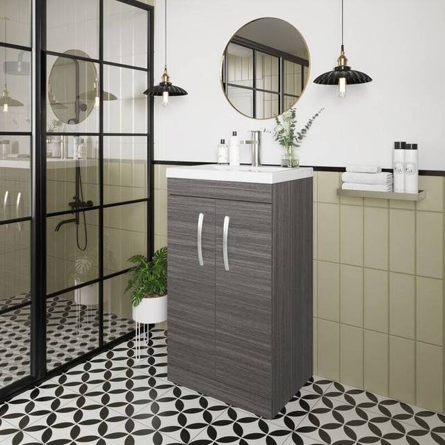 Nuie Athena 500 Floor Standing 2-door Vanity & Thin-edge Basin - Grey Woodgrain, Grey
