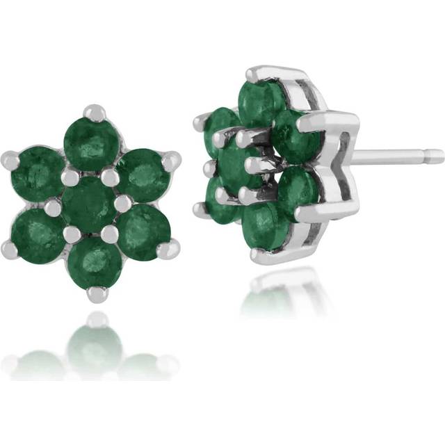 Floral Round Emerald Cluster Stud Earrings in 925 Sterling Silver