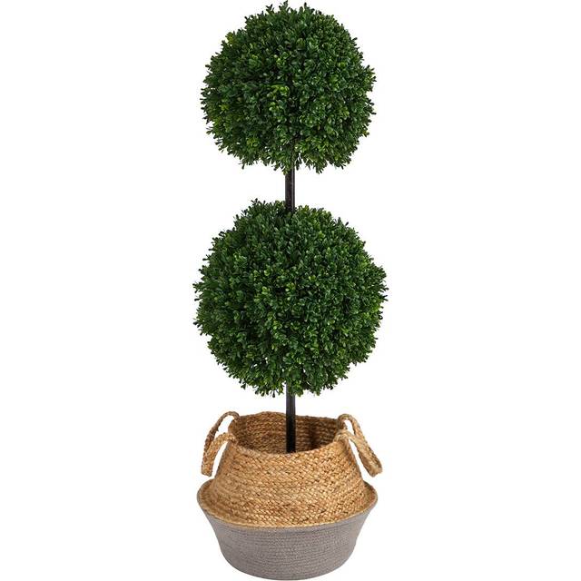 3.5 Boxwood Double Ball Artificial Topiary Tree in Boho Chic Handmade Cotton & Jute Gray Woven Planter UV Resistant (Indoor/Outdoor)