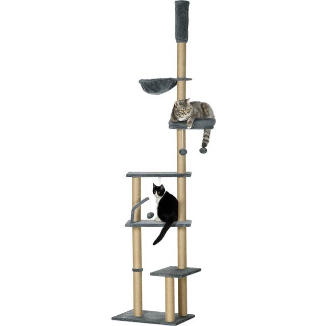 Pawhut Floor To Ceiling Cat Tree, 6-tier Play Tower Climbing Activity Center W/ Scratching Post, Hammock, Adjustable Height 230-250cm, Grey