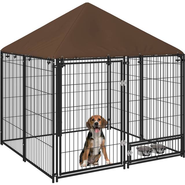 PawHut Outdoor Dog House Kennel with Canopy Top & Lock Rotating Bowl Holder | TJ Hughes Grey