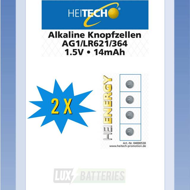 HEITECH 4-pack AG1 alkaliska knappcellsbatteri 1,5 V – LR60/L621/LR621/SR60/SR621/SR621SW /164/364 – knappbatterier läckagesäkra och med lång hållbarhet