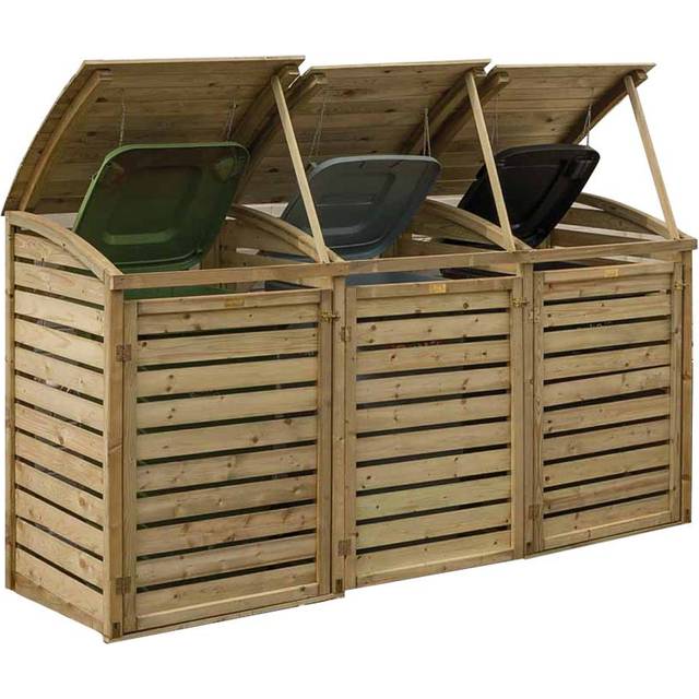 Triple Bin Store with Lifting Lids - 1300 x 2035 x 820mm - Natural Timber - Rowlinson