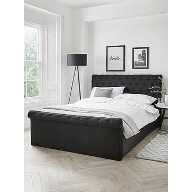 Grey Velvet Scroll Top Chesterfield Ottoman Storage Bed