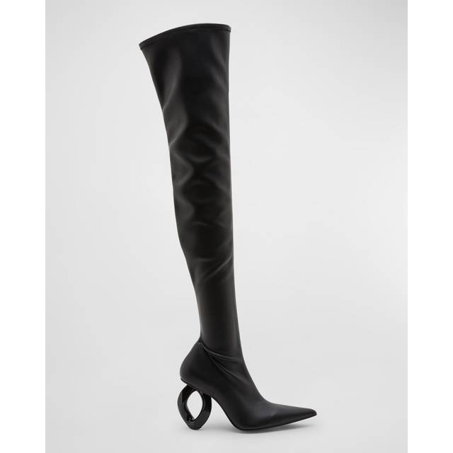 Pointed Leather CHAIN Thigh-High Boots With Statement Heel 9 size 37 (37)