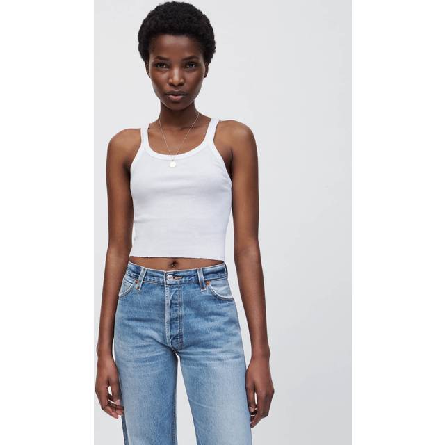Re/Done White Hanes Edition Cropped Ribbed Tank Top - OPTIC WHITE - XS