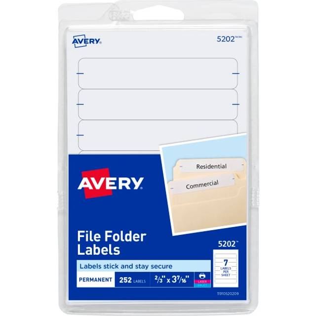 "Avery Print-Or-Write Permanent Inkjet/Laser File Folder Labels  5202  5/8"""""""" x 3 1/2""""""""  White  Pack Of 252"