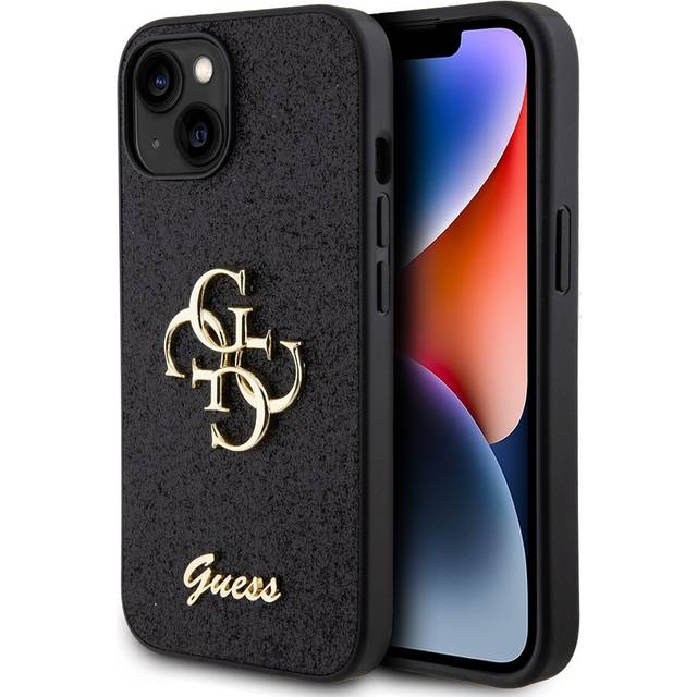 iPhone 15 Guess Fixed Glitter 4G Metal Logo Skal - Svart