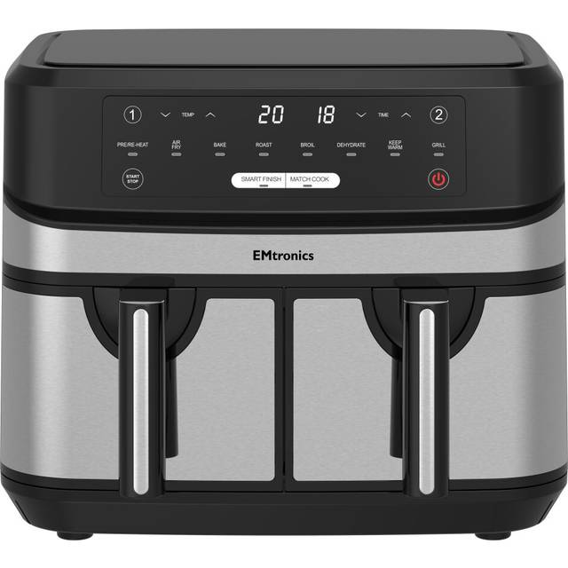 EMtronics Double Basket Air Fryer 9 Litre with 99 Minute Timer - Stainless Steel
