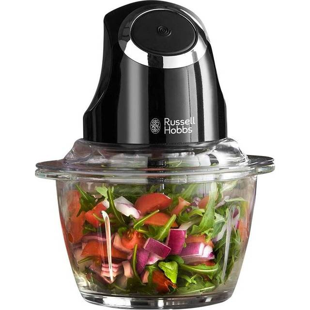 Russell Hobbs Desire Electric Fruit & Vegetable Mini Chopper, 1L glass bowl with 500ml food capacity & storage lid, Dishwasher safe parts, Stainless