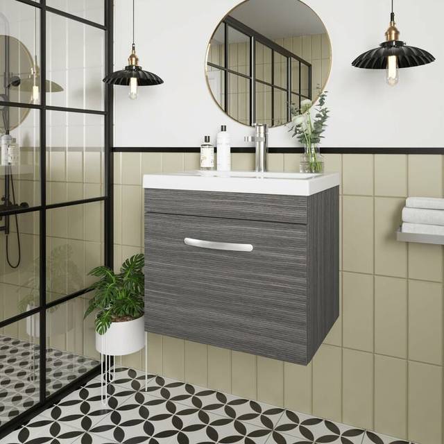 Nuie Athena Wall Hung 1-Drawer Vanity Unit with Basin-3 500mm Wide - Anthracite Woodgrain