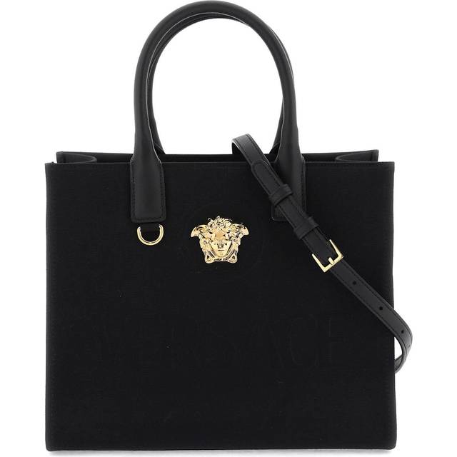 Versace, Tote Bags, female, Black, ONE SIZE, Black Canvas/Leather Shoulder Bag