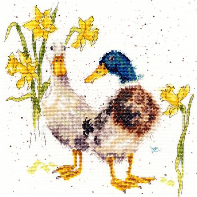 Ducks and daffs - birds counted cross stitch kit by hannah dale of wrendale desi