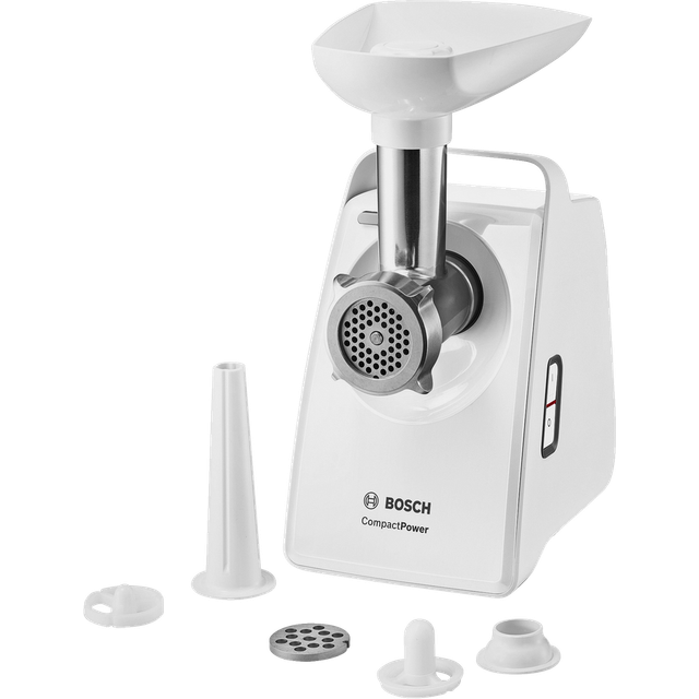 Bosch CompactPower 1500W MFW3520W - Kraftfull köttkvarn med bärhandtag, står på stadiga gummifötter, korvhorn och kebbetillsats ingår, vit