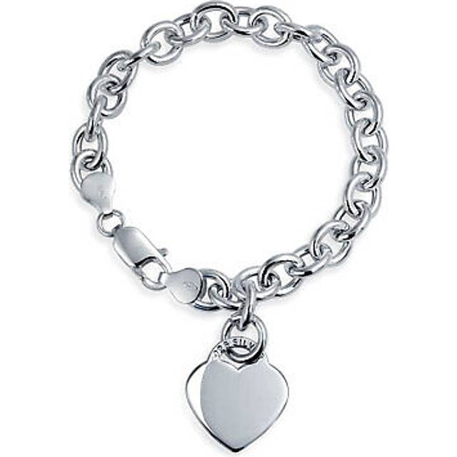 Bling Jewelry Personalized Engrave Solid Heart Shape Charm Tag Bracelet for Women Teen 7.5 8 Inch 925 Sterling Silver Heavy Rolo Chain