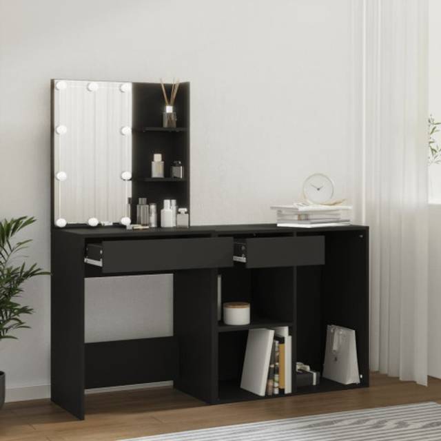 vidaXL Led Dressing Table Vanity Makeup Desk with Cabinet Black Engineered Wood
