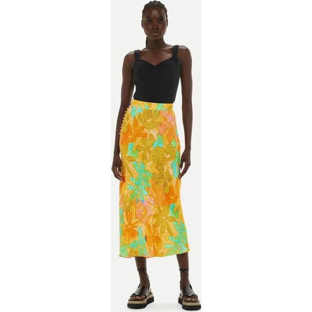 Whistles Palm Floral Side Button Midi Skirt, Multi