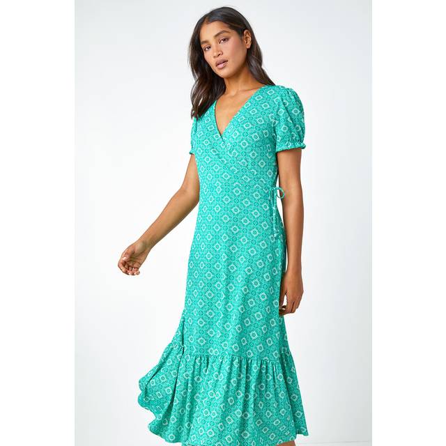 Roman Womens Geo Print Stretch Wrap Midi Dress - Green - Size 10 UK