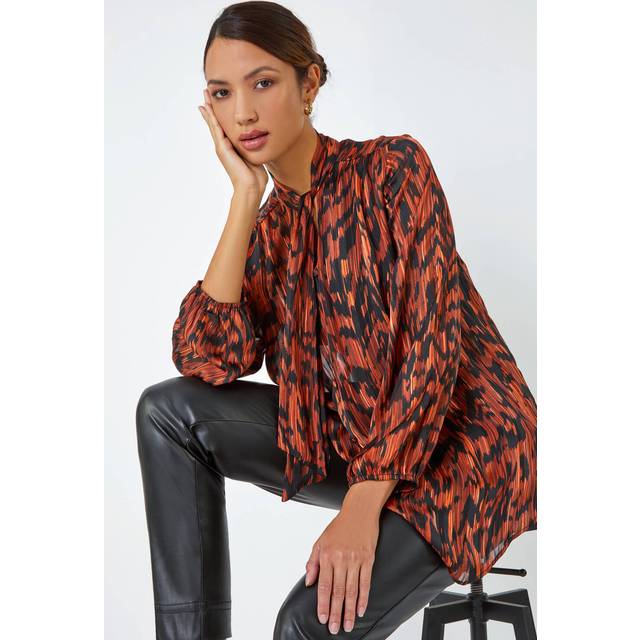 Roman Rust Animal Print Tie Neck Chiffon Top - Size 20