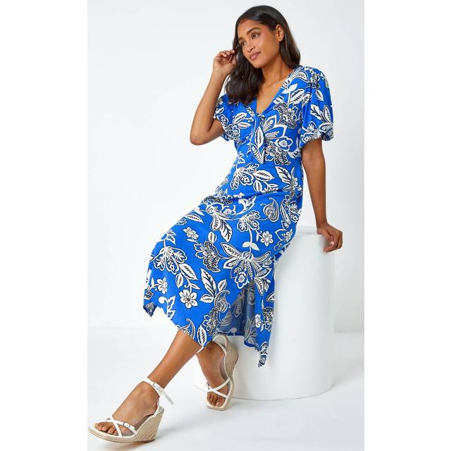 Roman Womens Bold Floral Stretch Midi Dress - Blue - Size 10 UK