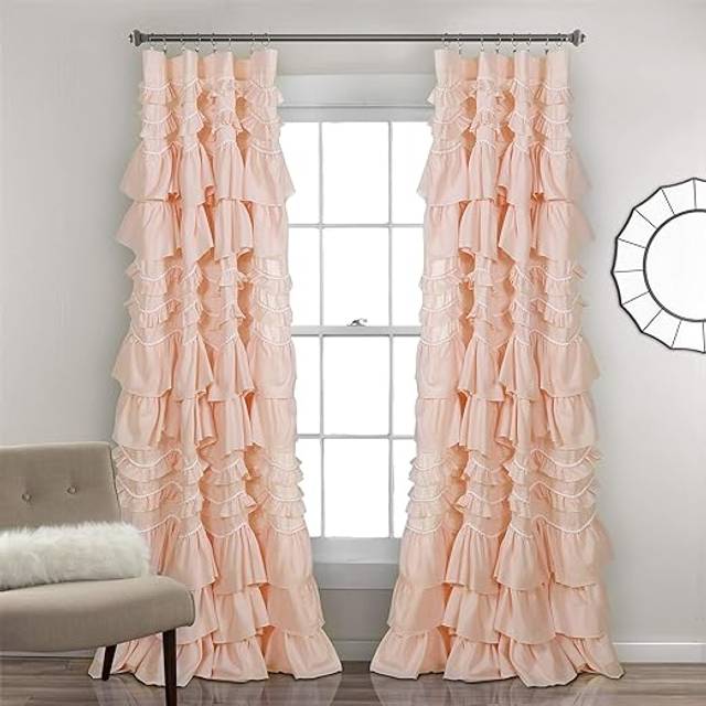 Lush Decor Kemmy Curtain | Ruffled  Textured Shabby Chic Style Window Panel for Living  Dining Room  Bedroom (Single)  84  x 52   Peachy Pink