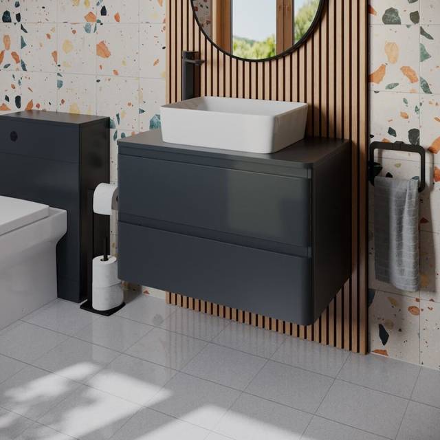 Regis Forma Anthracite Grey Wall Hung Vanity Unit & Affine Croix White Countertop Basin 800mm