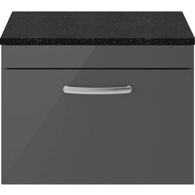 Nuie Athena 600 Wall Hung Single Drawer Vanity & Sparkling Black Worktop - Gloss Grey, Grey