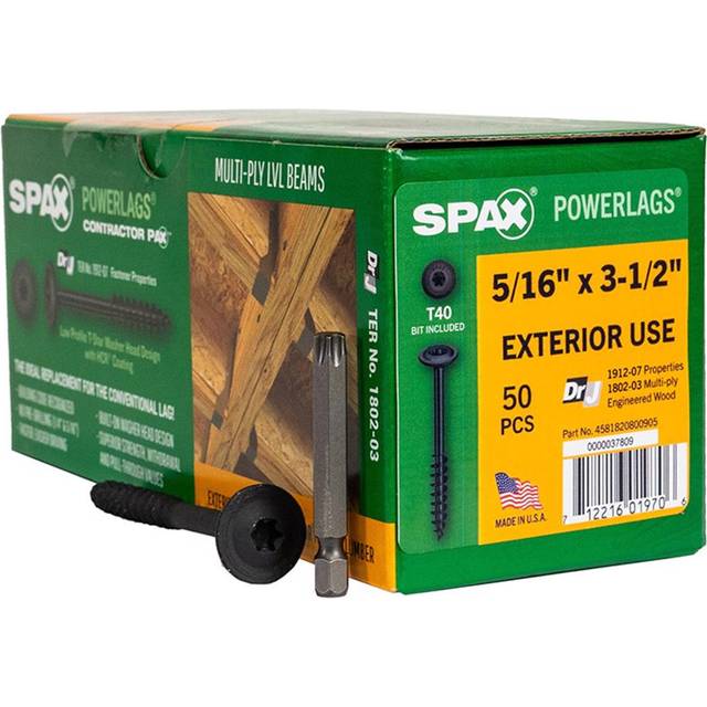 "SPAX 5/16"""""""" x 3-1/2"""""""" Exterior Washer Head Structural Wood Lag Screws Powerlags Torx T-Star (50 EA) Bit Included Heavy Duty Rust Resistant"