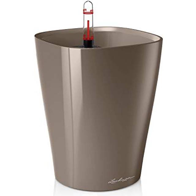LECHUZA DELTINI Table Shiny Taupe Poly Resin Table Self-watering Planter with Substrate D14 H18 cm