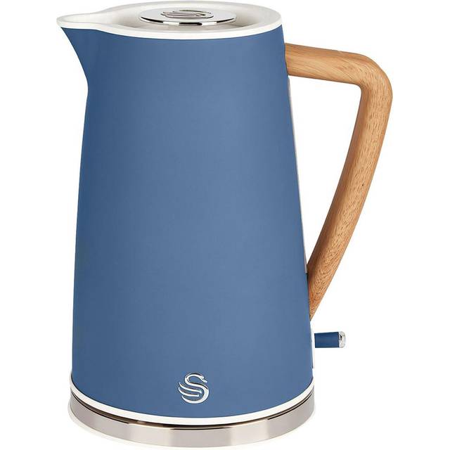 Swan Nordic ultra snabb elektrisk vattenkokare, sladdlös, modern design, 1,7 l, 2200 W, trähandtag, automatisk avstängning, matt blå