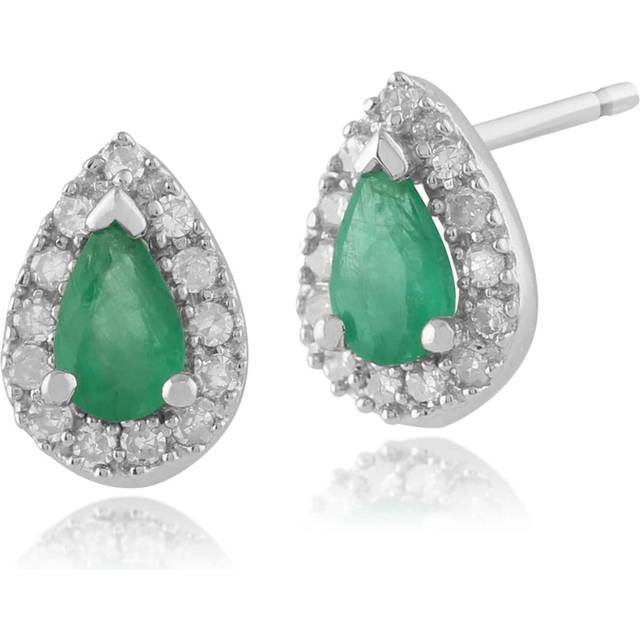 Classic pear emerald & diamond cluster stud earrings in 9ct white gold