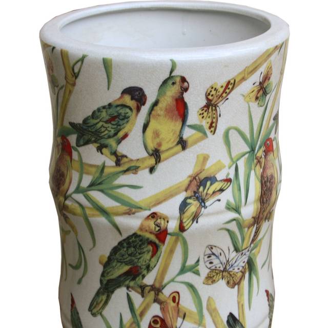 Ceramic Umbrella Stand, Bamboo And Tropical Bird Design