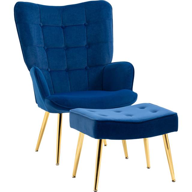 Homcom Upholstered Armchair W/ Footstool Set, Modern Button Tufted Accent Chair W/ Gold Tone Steel Legs, Wingback Chair, Dark Blue
