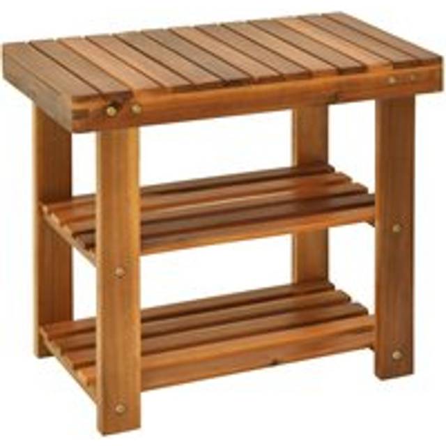 HOMCOM 3 Tier Shoe Rack Bench Acacia Wood Shoe Storage Organizer Teak Small, Brown