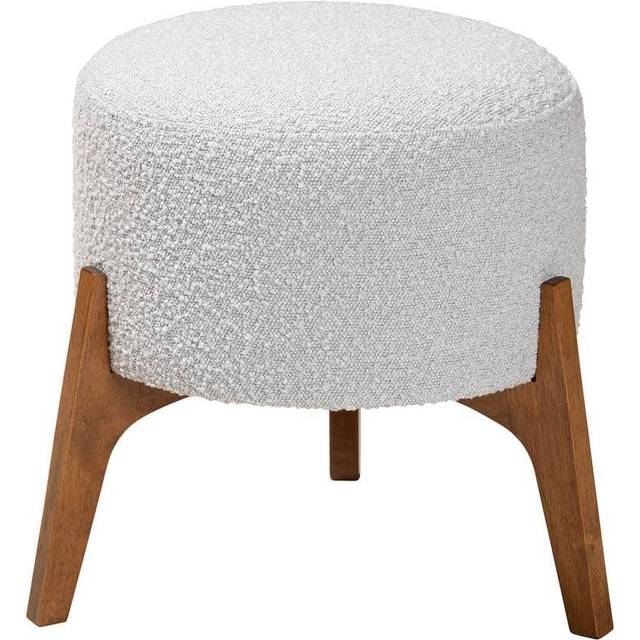 Baxton Studio Elkie Japandi Light Grey Boucle Fabric and Walnut Brown Finished Wood Ottoman Footstool