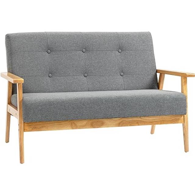 HOMCOM Modern 2-Seat Sofa Linen Fabric Upholstery Tufted Couch with Rubberwood Legs Dark Grey