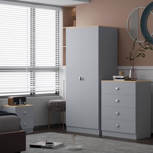 Fwstyle - Esher 2 Door Wardrobe Grey Bedroom Furniture Storage Cupboard Metal Cup Handles