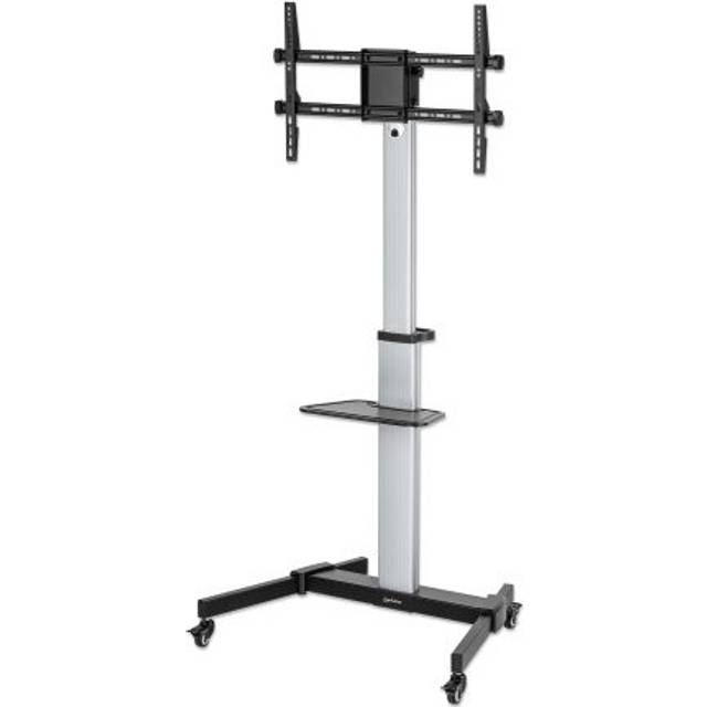 Manhattan TV & Monitor Mount Trolley Stand 1 screen Screen Sizes: 37-86" -10 to 5 Tilt 90 Rotation Silver/Black VESA 200x200 to 600x400mm Max 50kg Height adjustable 1200 to 1600mm AV/Laptop shelf Aluminium LFD Lifetime Warranty