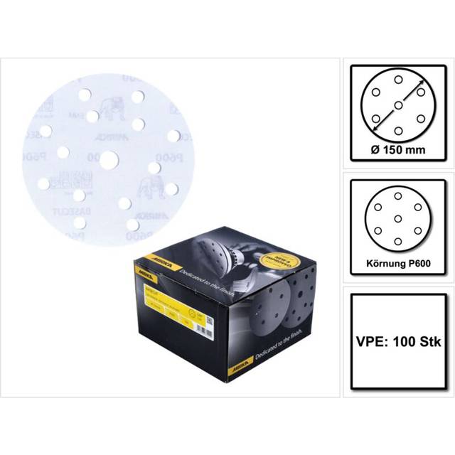 "Mirka White Basecut Velcro 150mm Sanding Discs - Box 100 6"" Abrasive P600 Grit"
