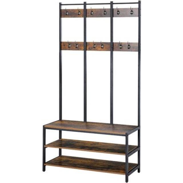 HOMCOM Entryway Coat Rack Hall Tree Shoe Bench 3 In 1 Design Metal Storage Rack Rustic Brown & Black, Brown