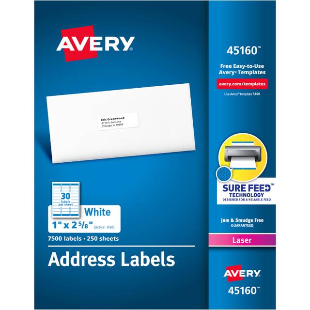 Avery 45160 Address Labels for Laser Printers  1 x 2-5/8  White  7500/Box