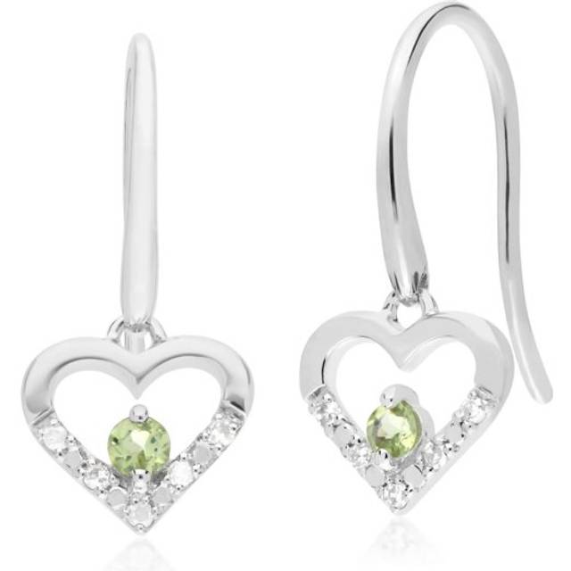 Classic Round Peridot & Diamond Love Heart Shaped Drop Earrings in 9ct White Gold