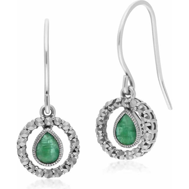 Classic Pear Emerald & Marcasite Round Halo Drop Earrings in 925 Sterling Silver