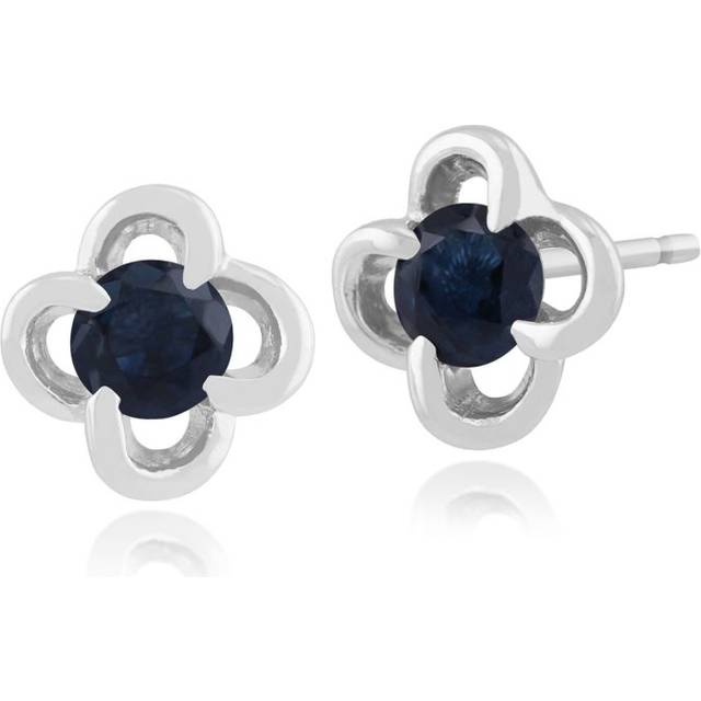 Floral Round Sapphire & Diamond Halo Stud Earrings in 9ct White Gold - Blue