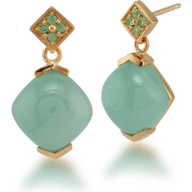 Boho Cushion Cut Jade Cabochon & Peridot Stud Earrings in Gold Plated 925 Sterling Silver
