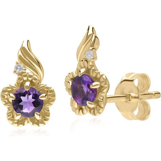 Floral Round Amethyst & Diamond Stud Earrings in 9ct Yellow Gold