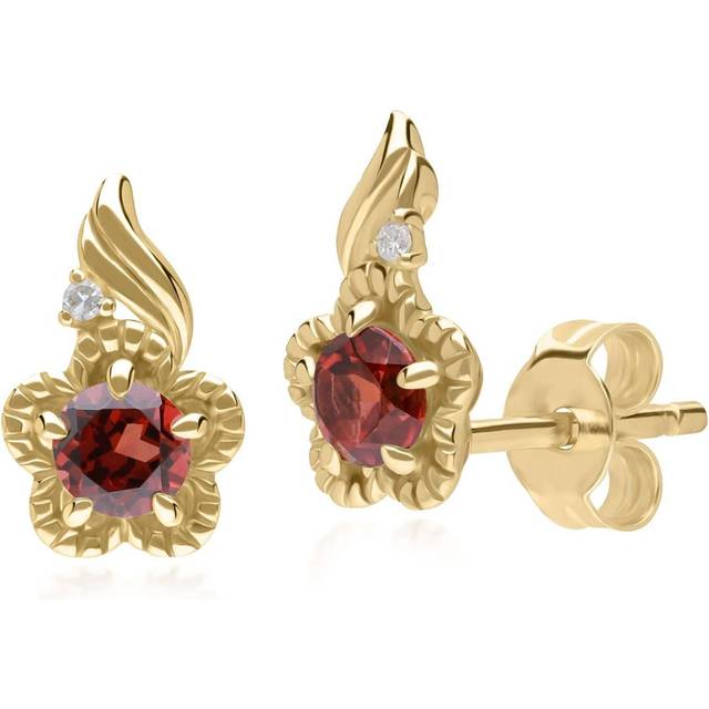 Floral Round Garnet & Diamond Stud Earrings in 9ct Yellow Gold