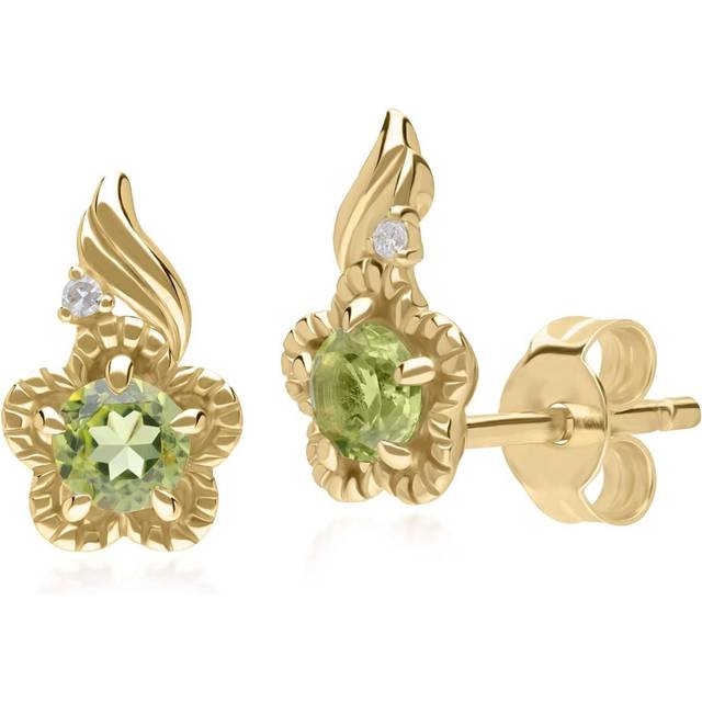 Floral Round Peridot & Diamond Stud Earrings in 9ct Yellow Gold